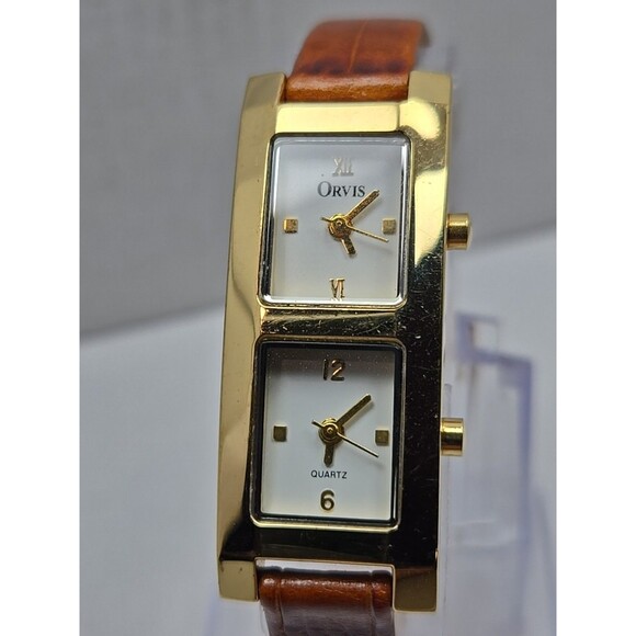Womens Orvis Dual Time Tank Quartz Watch Gold Tone Brown Leather New Batteries - Picture 4 of 12